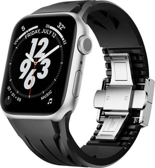 Apple Watch 42Mm Krd-127 Metal Tokalı Silikon Kordon-Siyah