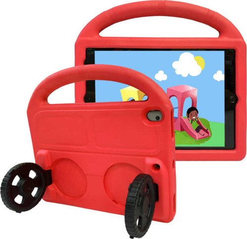 İpad 10.2 (9.Nesil) Uyumlu Klfs Wheel Car Tekerlek Standlı Tablet Eva Silikon Kılıf-Kırmızı
