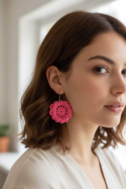 Crochet Örme Pembe Çiçek Küpe