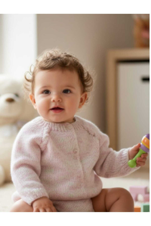 0-1 Yaş Örme Pembe Ebruli Desenli Kız Bebek Hırkası