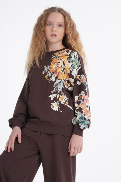 Kız Çocuk Oversize Bol Paça Çiçek Desenli Oversize Alt Üst Eşofman Takımı