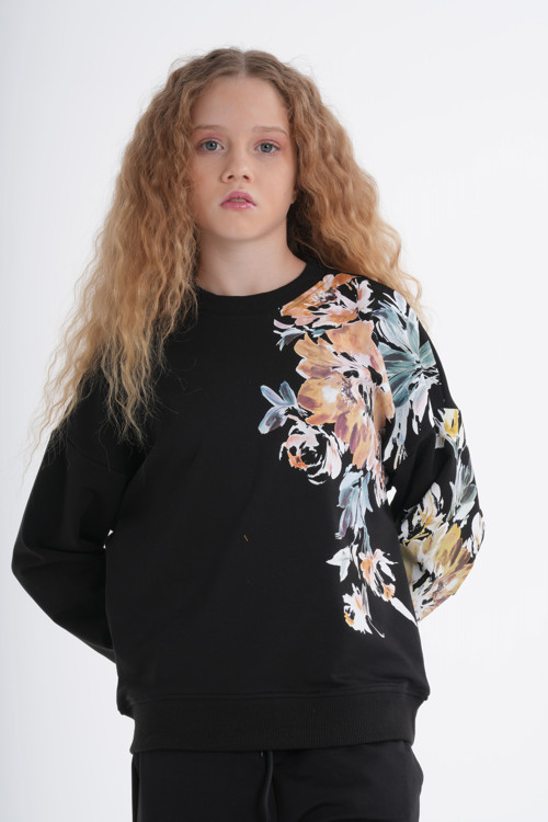 Kız Çocuk Oversize Bol Paça Çiçek Desenli Oversize Alt Üst Eşofman Takımı