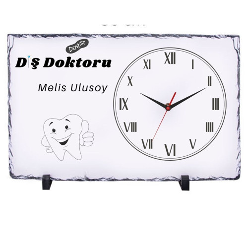 Kişiye Özel Diş Hekimi Doğal Taş Masa Saati 25x38 cm – İsim Baskılı Dekoratif Saat