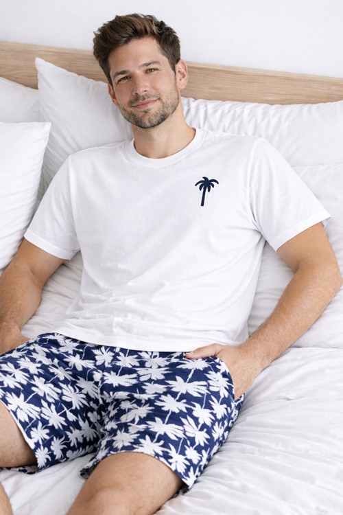 Erkek Pamuklu Kısa Kollu Palmiye Desenli Cepli Şortlu Pijama Takımı