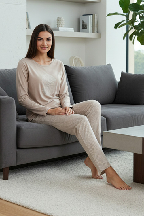 Elite Viscose Uzun Pijama Takımı Krem 3560