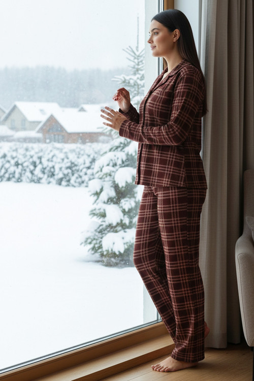 Luxury Soft Ekoseli Büyük Beden Kadın Pijama Takımı – 3009 Kahverengi