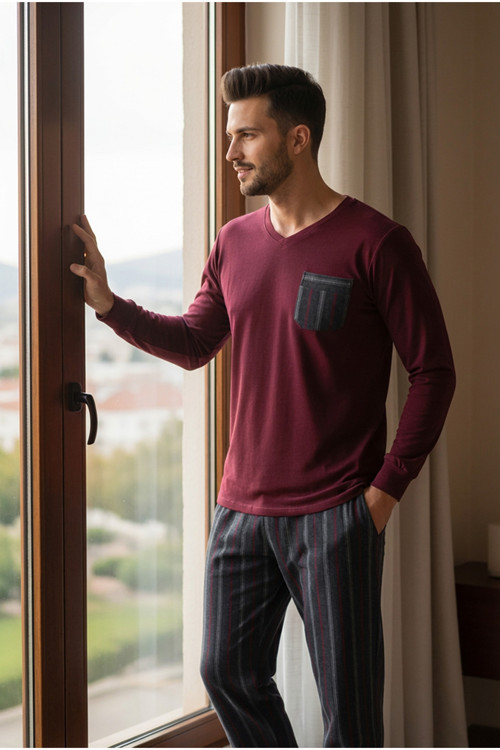 Luxury Thermal Erkek Kışlık Pijama Takımı 9732 Bordo