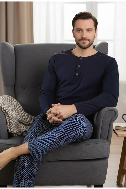 %100 Pamuk Yakası Düğmeli Penye Erkek Pijama Takımı 9705 Koyu Lacivert