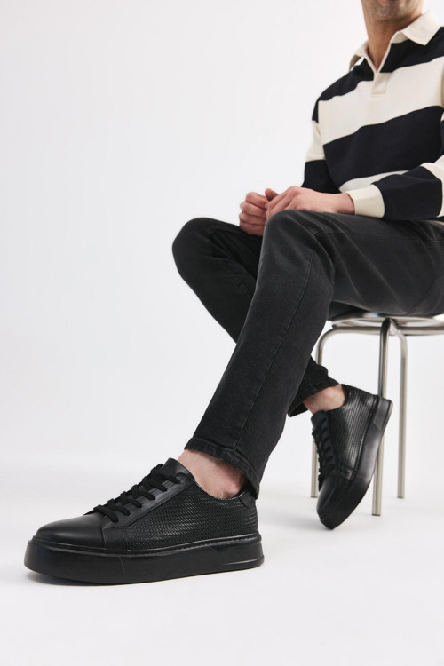 Erkek Deri Siyah Hafif Tabanlı Spor Ayakkabı