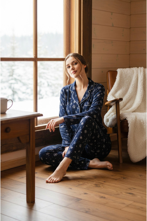 Luxury Soft Kar Tanesi Kadın Pijama Takımı – 3059 Lacivert