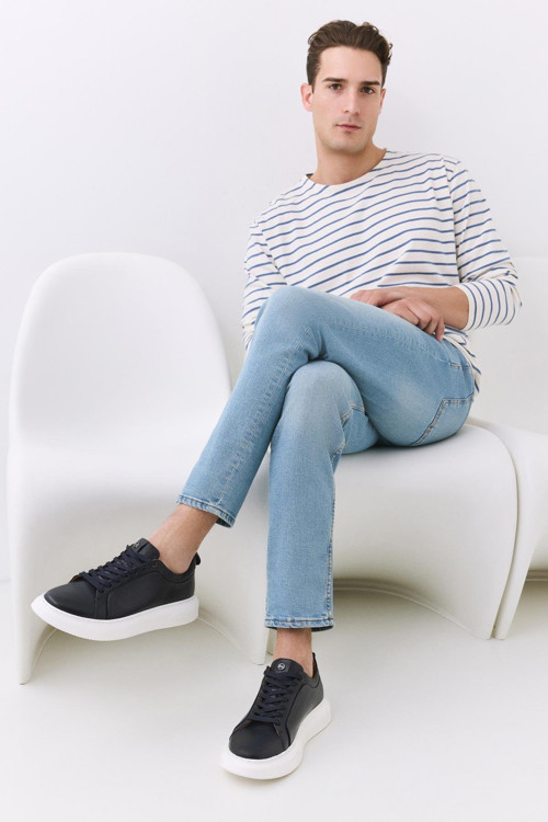 Erkek Deri Lacivert Hafif Tabanlı Spor Ayakkabı