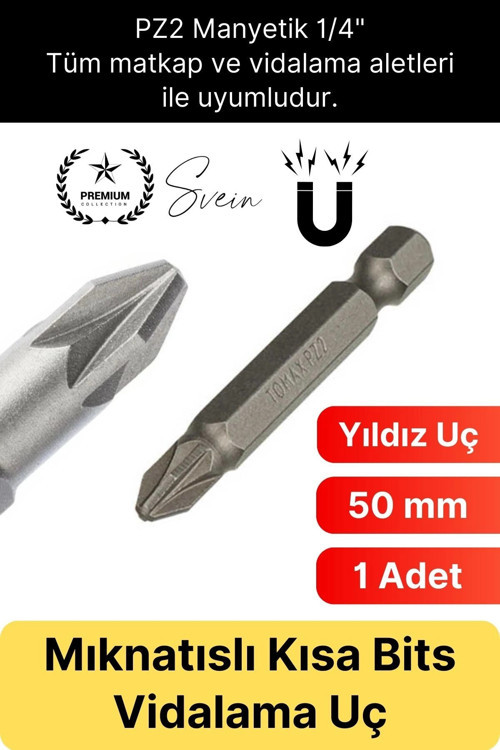 #Bitsuç 50 mm Mıknatıslı Yıldız Vidalama Bits Uç PZ2 Manyetik 1/4" Şarjlı Matkap Ucu Kısa Boy 1 Adet