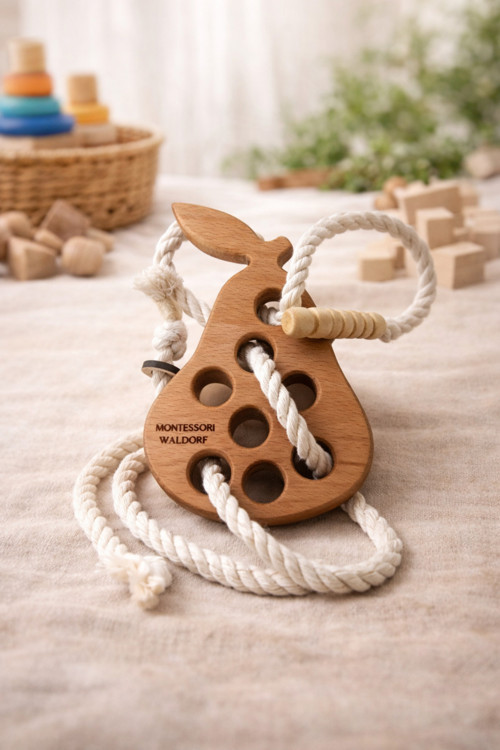 Masif Ahşap Montessori & Waldorf İp Geçirme İnce Motor Geliştirici Eğitici Oyuncak / Armut