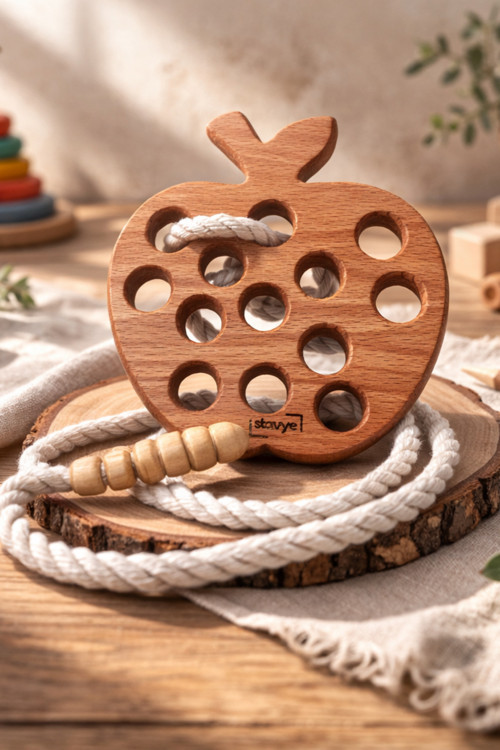 Masif Ahşap Montessori & Waldorf İp Geçirme İnce Motor Geliştirici Eğitici Oyuncak / Elma
