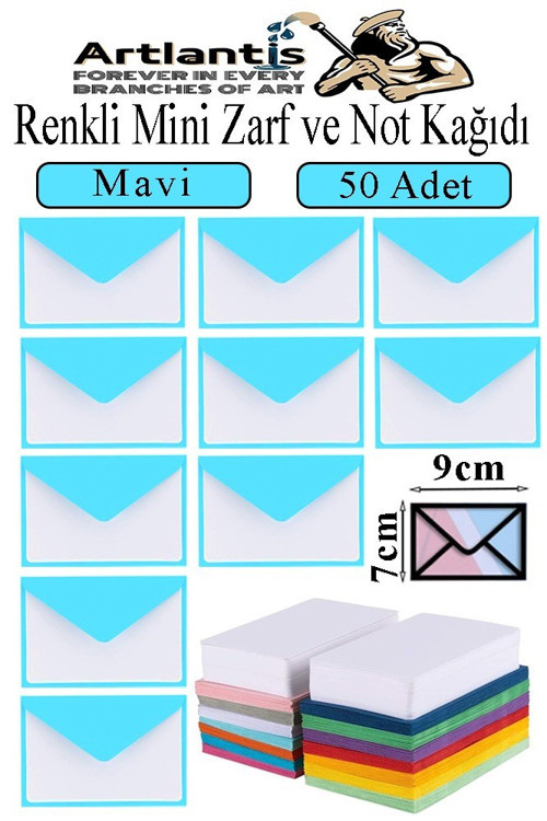 Mavi Mini Zarf 7x9 cm Not Kağıtlı 50 Adet Küçük Mavi Zarf Mektup Oyun Zarfı Doğum Günü Dilekleri Zarfı Canlı Renk