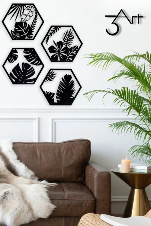 Dörtlü Tropikal Yaprak Ve Çiçek Desenli Duvar Tablosu – Duvar Dekoru – Minimalist Metal Sanat Seti