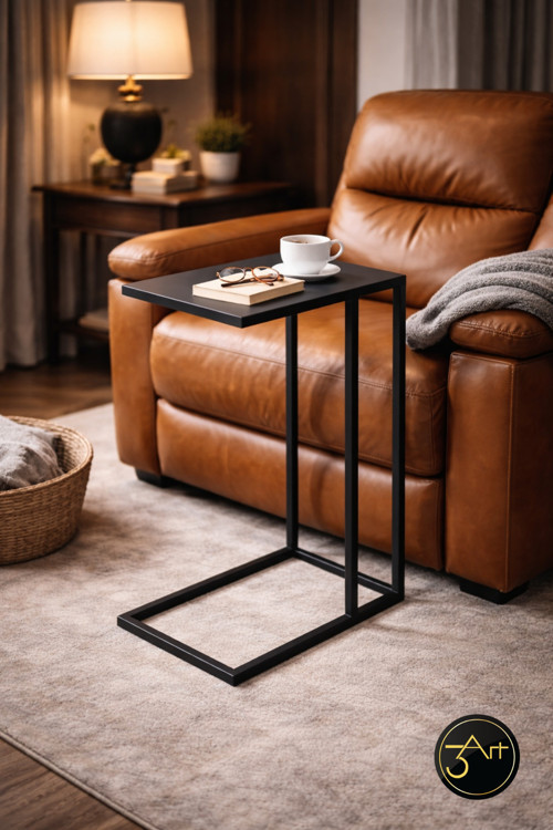 Modern Yan Sehpa - Minimal Siyah C Tipi Koltuk Sehpası - Salon & Ofis İçin Şık Sehpa