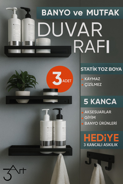 3’Lü Banyo Rafı – Duvar Tipi Organizer - Siyah Şık Şampuan Ve Aksesuar Raf Seti - Paslanmaz Metal