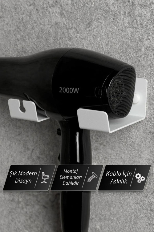 Beyaz Saç Kurutma Makinesi Askısı - Metal Fön Makinesi Rafı Banyo Askısı