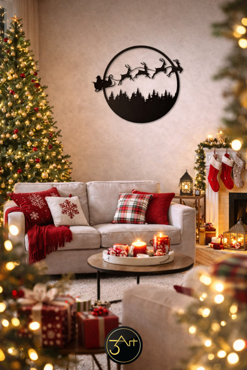 Yılbaşı Tablo - Noel Baba Ve Geyikler Duvar Dekoru - Duvar Tablosu