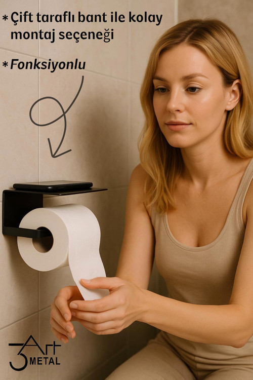 Metal Telefon Raflı Tuvalet Kağıdı Tutucu | Çift Taraflı Bantlı Montaj | Banyo Organizer Raf