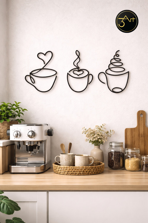 Kahve Temalı Duvar Tablosu – Modern Fincan Figürlü Duvar Dekoru – Mutfak & Kafe Duvar Süsü