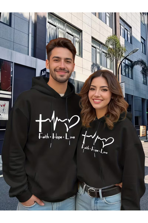 Faith Hope Love Baskılı Hoodie – Unisex Kapüşonlu Sweatshirt Çift Kombini 2'li Set Takım