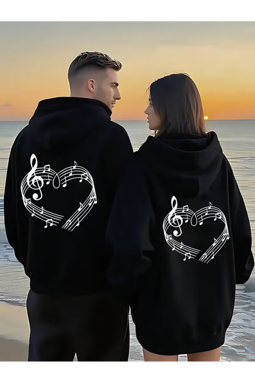 Sevgili Çift Kombin Hoodie Notalı Kalp Baskılı Oversize Kapüşonlu Sweatshirt 2’li Set Unisex 3 İplik