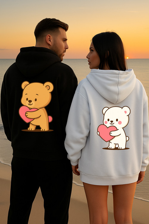 Kalpli Ayıcık Sevgili Kombini Hoodie – Unisex Oversize Çift Sweatshirt 2’li Set
