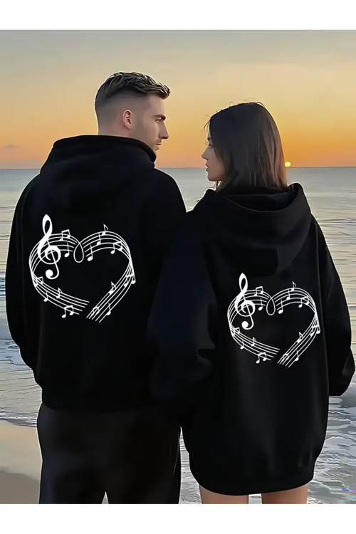 Sevgili Çift Kombin Hoodie Notalı Kalp Baskılı Oversize Kapüşonlu Sweatshirt 2’li Set Unisex 3 İplik