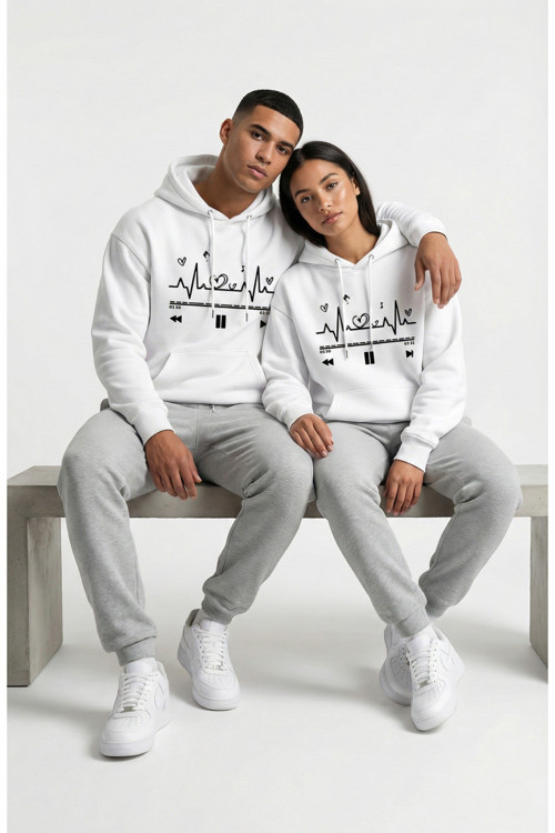 Unisex Oversize Kalp Ritmi Baskılı Çift Hoodie