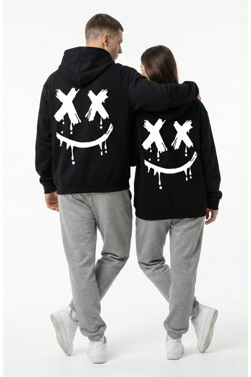 Unisex Smile Baskılı Sevgili Kombini Oversize Hoodie Seti