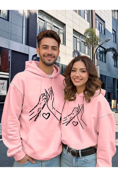 Sevgili Çift Kombin Hoodie Set Kalp ve Eller Baskılı Unisex Oversize 3 İplik