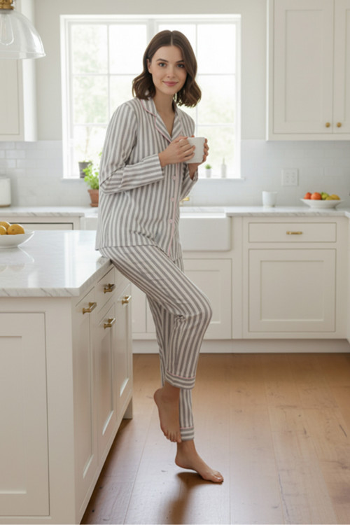 Luxury Viscose Gri Çizgili Kadın Pijama Takımı – 42547