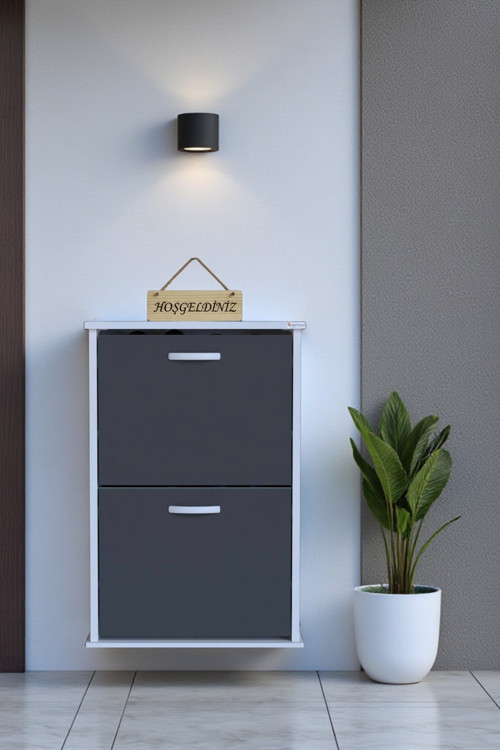 Holen Antrasit Renk Ayakkabılık 2 Düşer Kapak 52 cm Genişlik Kapı Önü Asma Ayakkabılık 52x74x26 cm