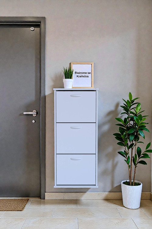 Soren 3 Düşer Kapaklı 52 cm Beyaz Ayakkabılık 52x114x26 cm Asma 6 Bölmeli Ayakkabılık