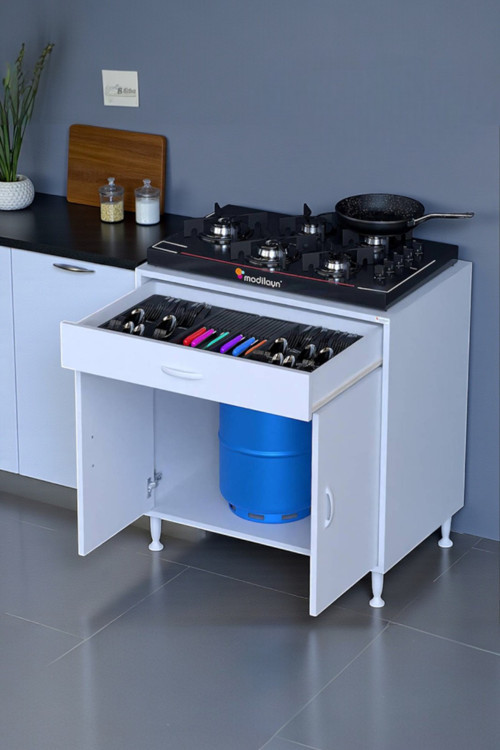 Lumin Tüp Yuvalı 70 cm Ankastre Ocak Altı Dolap 70x88x48 cm Beyaz Dolap Çekmeceli Mutfak Organizeri