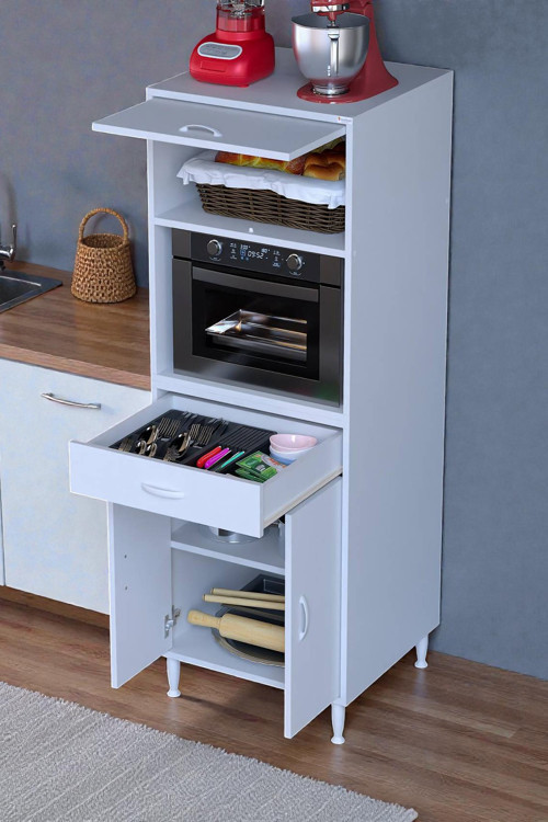 Ora 48 cm Derinlikte Beyaz Mutfak/Kiler Dolabı 60x162,4x48 cm 1 Çekmece 3 Kapak Modüler Dolap