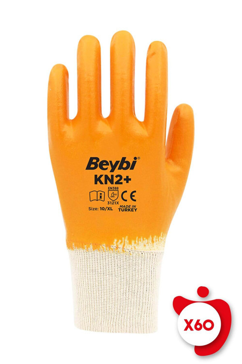 KN2+ Sarı Pamuk Nitril İş Eldiveni 10 Beden 60 Çift