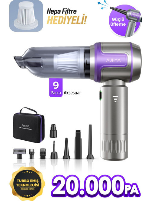 AHV-09 Kablosuz Taşınabilir Araç İçi El Süpürgesi | 20000PA Güçlü Vakum | 4’ü 1 Arada Çok Amaçlı Araç Süpürgesi