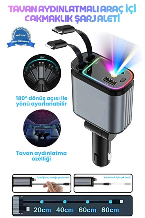 Led Işık Tavan Aydınlatmalı 66W 4'1 Çift Kablolu Hızlı Şarj 3.4A Araç İçi Çakmaklık Şarj Aleti