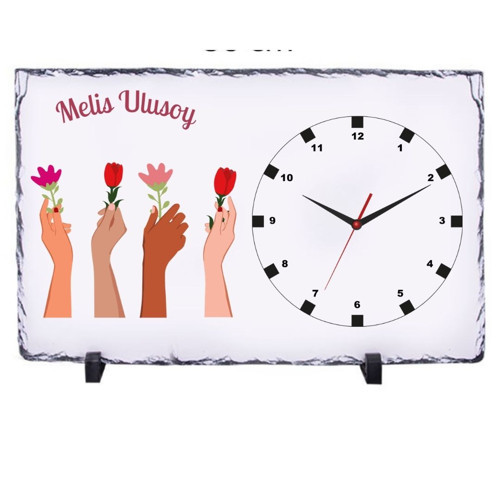 8 Mart Dünya Kadınlar Günü Kişiye Özel Doğal Taş Masa Saati 25x38 cm – Fotoğraflı ve Yazılı Hediye
