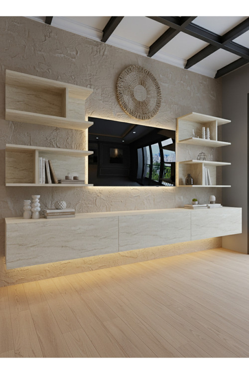 RESİTAL LEDLİ DUVARA MONTE TV SEHPASI - TRAVERTEN - W6010-8