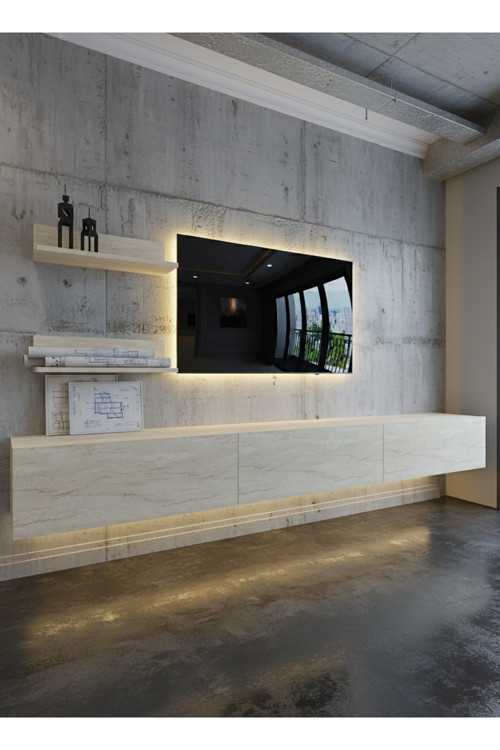 RESİTAL LEDLİ DUVARA MONTE TV SEHPASI - TRAVERTEN - W6022-8