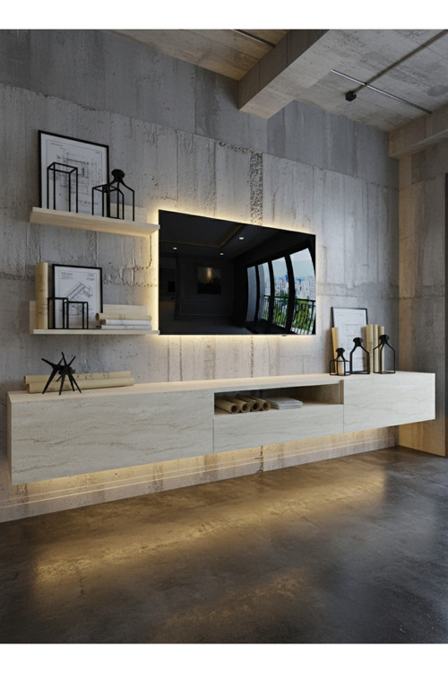RESİTAL LEDLİ DUVARA MONTE TV SEHPASI - TRAVERTEN - W6019-8