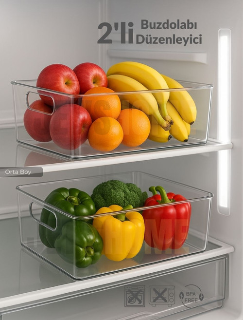2'li Buzdolabı İçi Düzenleyici Saklama Organizeri Bpa Free Düzenleyici Darbeye Dayanıklı 28X19X9 cm
