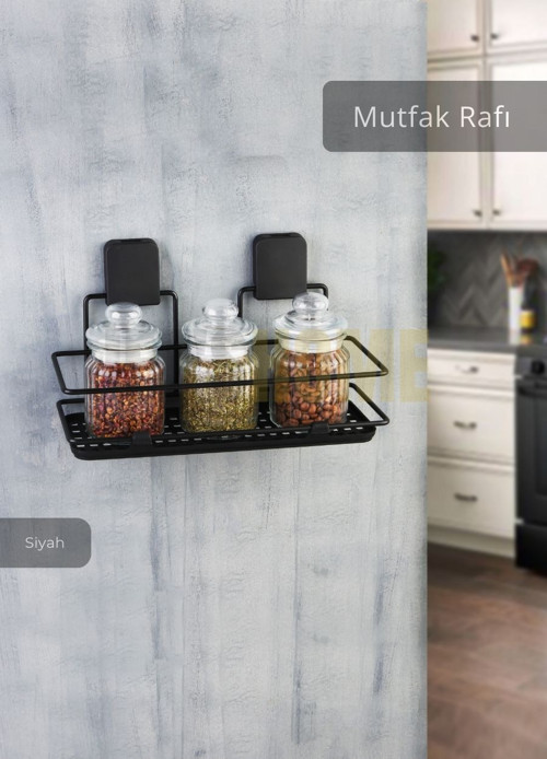 Mutfak Rafı Paslanmaz Banyo Rafı Yapışkanlı Baharatlık Tek Katlı Köşelik Şampuanlık Siyah 12x31x13