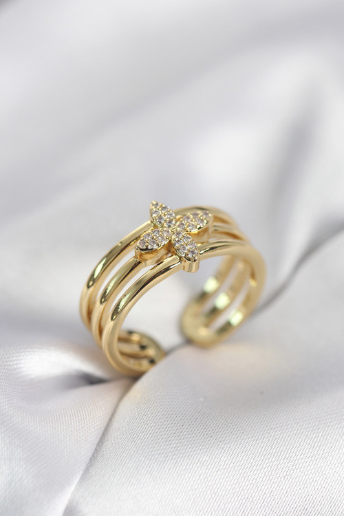 Gold Renk Zirkon Taşlı Yonca Model Kadın Yüzük - EBJ260214W39648