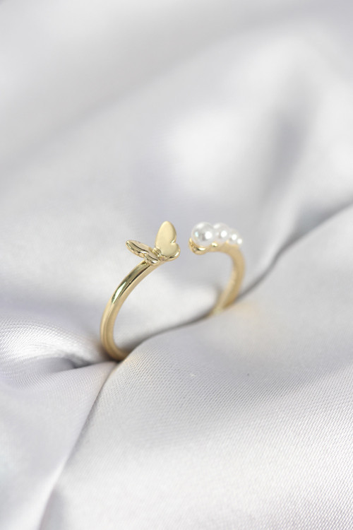 İncili Kelebek Model Gold Renk Pirinç Kadın Yüzük - EBJ260214W39715