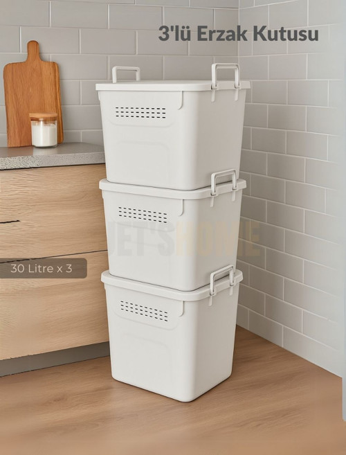 3’lü Set Soğanlık Sepet Havalandırmalı Erzak Kutusu Bpa Free Sebzelik Saklama Kutusu Beyaz 90 Lt